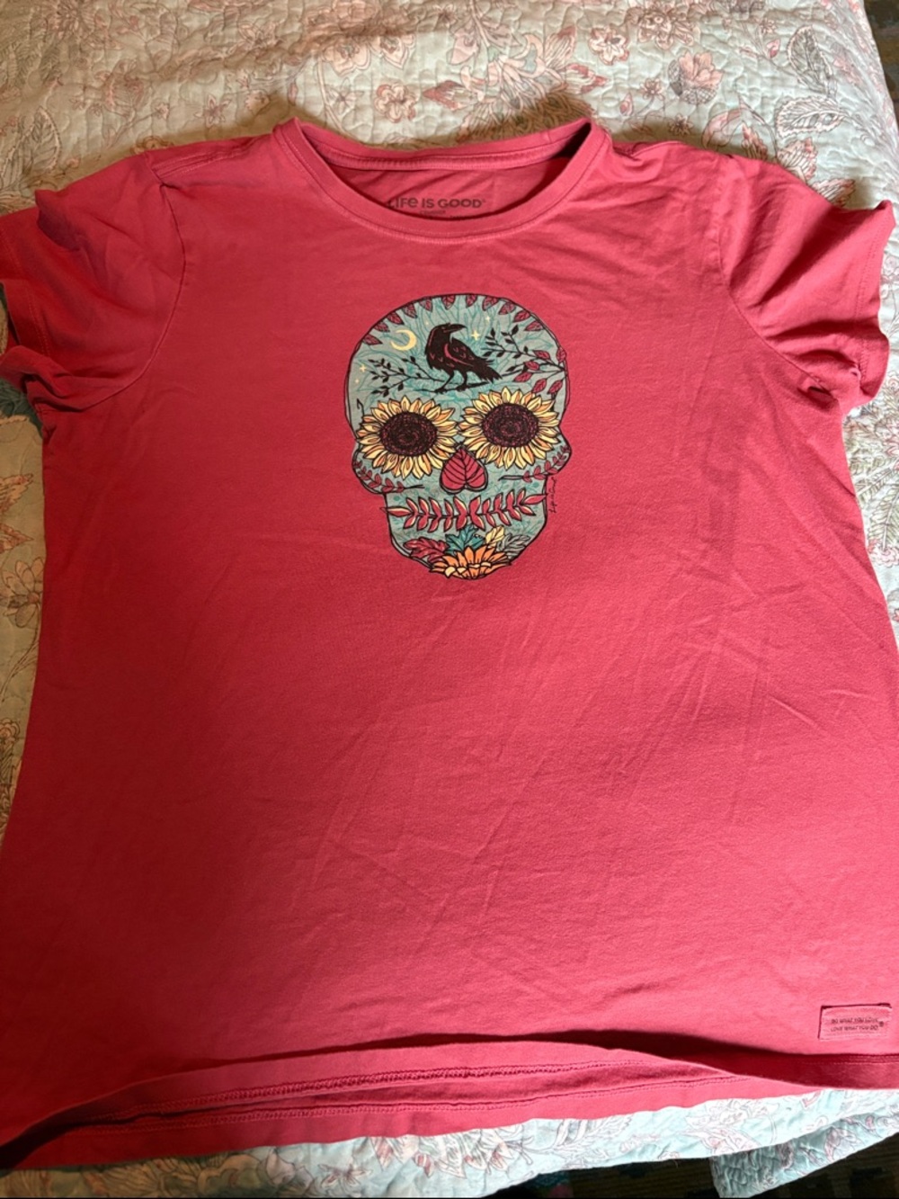 Life Is Good Coral Pink Tee with Floral Skull Graphic